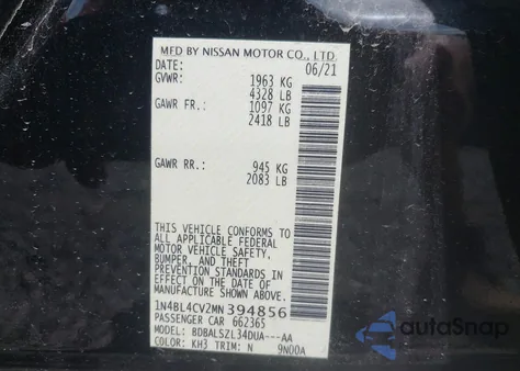 2021 Nissan Altima Sr Fwd from USA, damaged, VIN 1N4BL4CV2MN394856